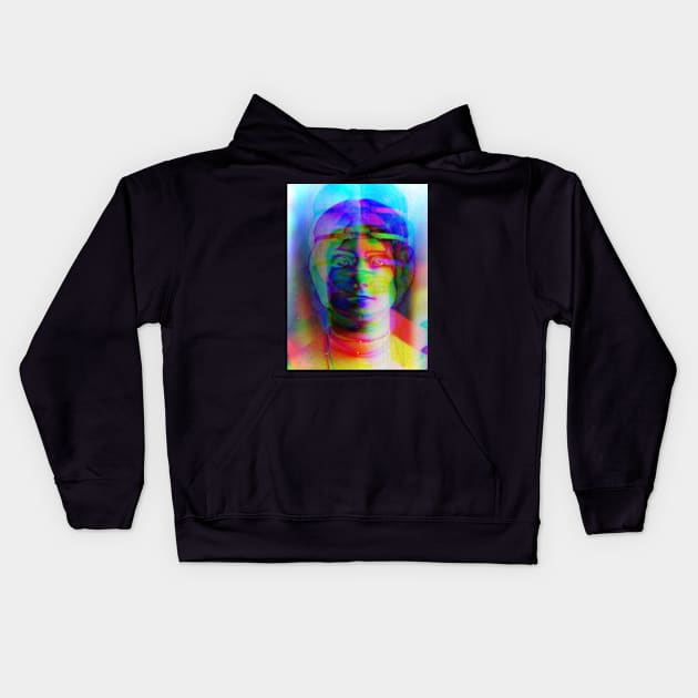 Dramabite Glitch art colourful rainbow woman portrait Kids Hoodie by dramabite